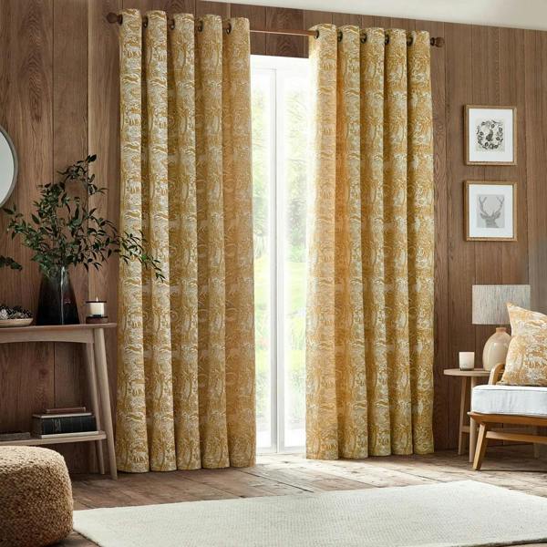 Furn Winter Woods Chenille Animals Eyelet Curtains - Ochre
