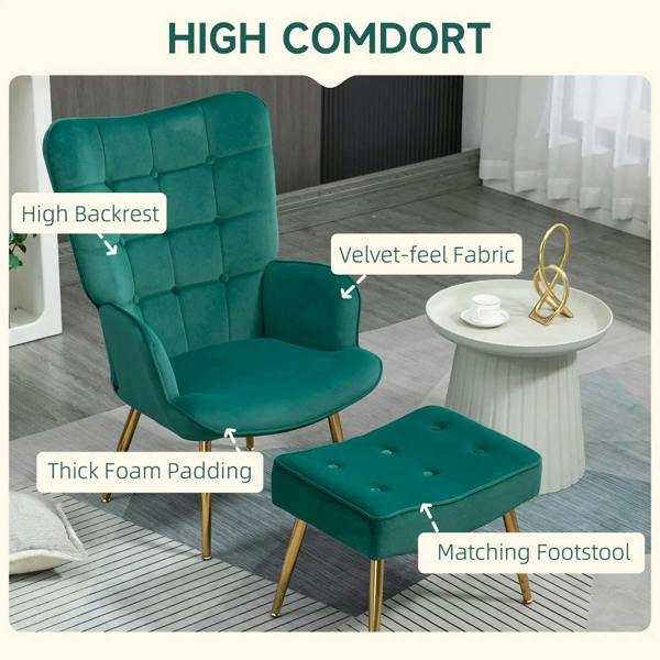 Green velvet wingback armchair with high back and matching footstool