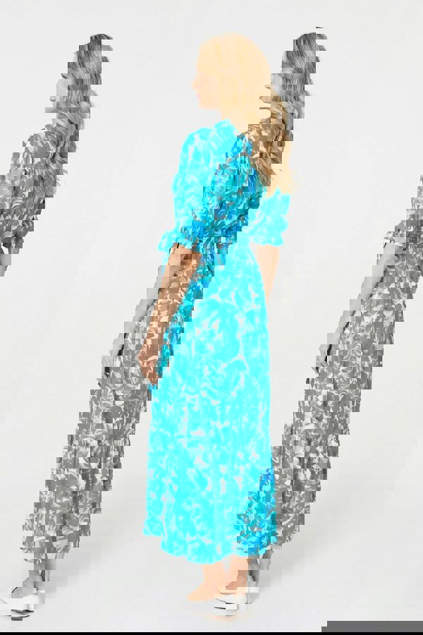 Blue | Printed 1/2 Puff Sleeve Tie Waist Maxi Dress
