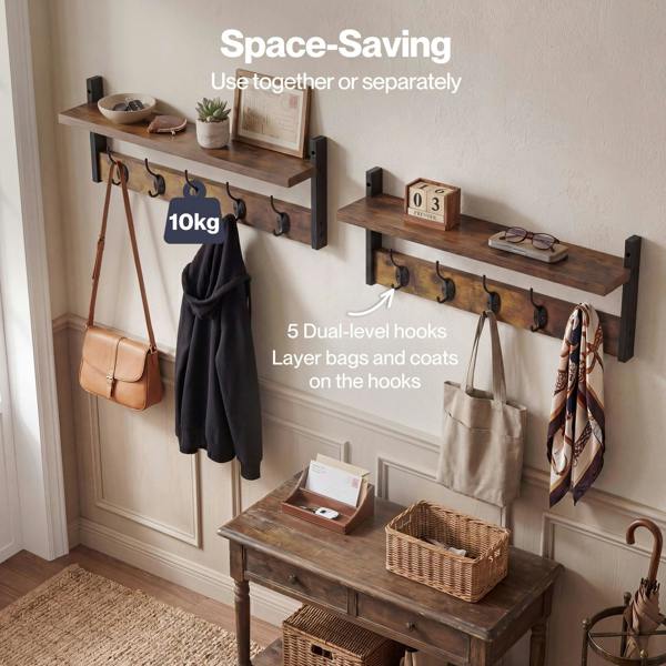 Levede Coat Rack Wall Mounted Wooden Hooks Hangers Storage Shelf 2 Pack Brown