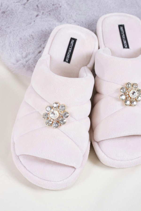Faye women's slider slippers in powder puff pink combining brushed microfibre materials and a glimmering crystal brooch from Pretty You London
