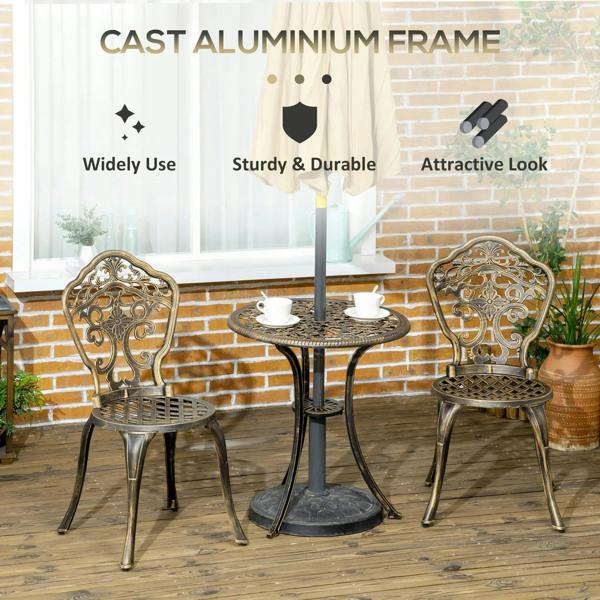 Bronze cast aluminum bistro set with two armless chairs and round coffee table