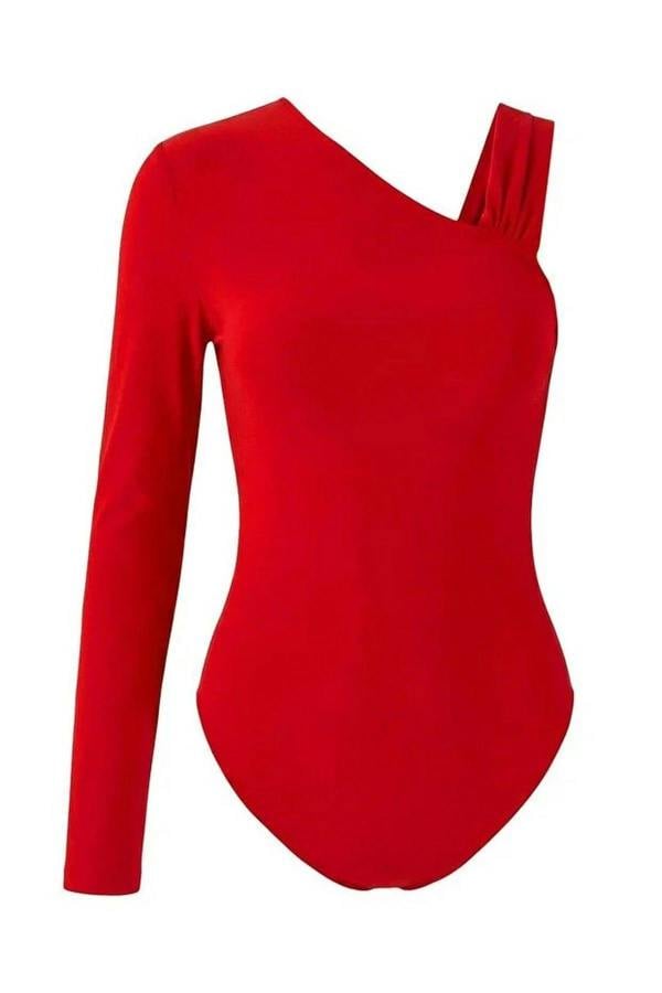WOVCOR Asymmetrical Neckline Knit Party Bodysuit with Accessory Details