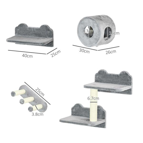 Grey wall-mounted cat tree components with tunnel, platforms, and central post sizes