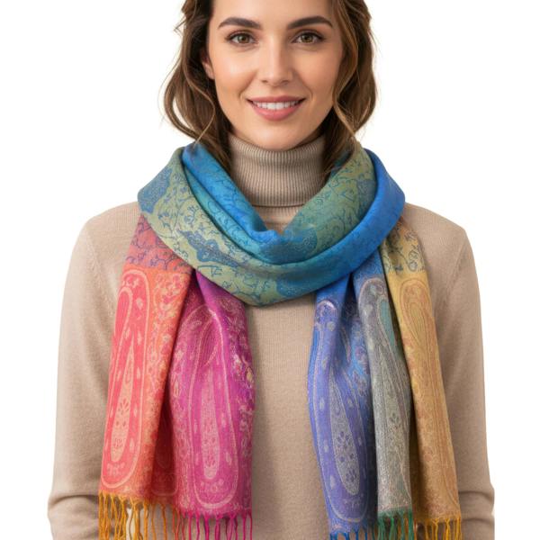 VIA MONTEN Women’s Gradient Pashmina Style Scarf, Oversized Jacquard Shawl Wrap with Fringe and Paisley Pattern
