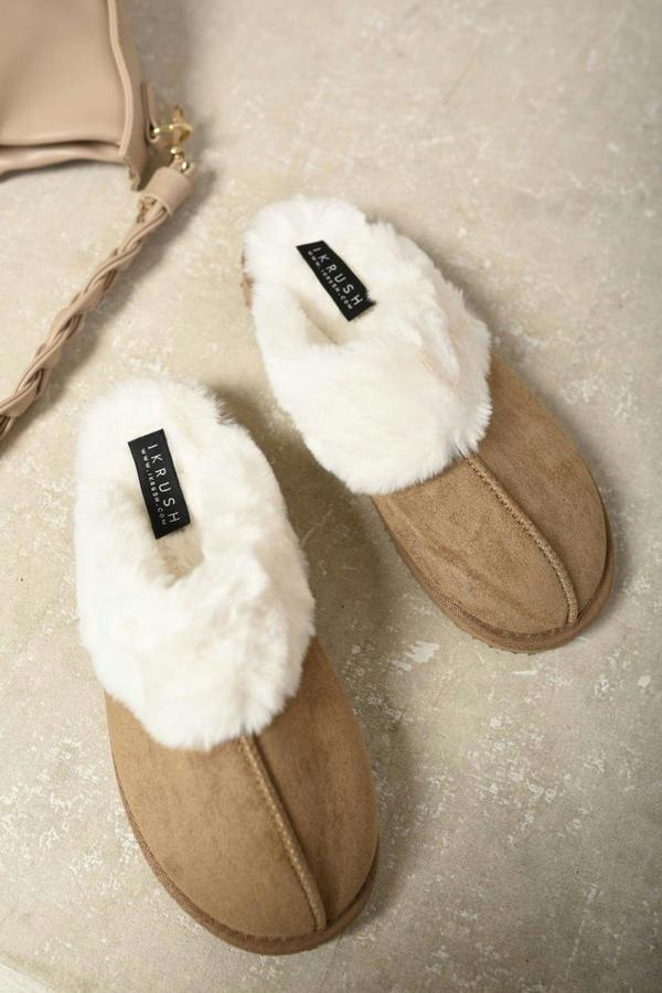 Josie Fuzzy Faux Fur Lined Slip-on Slippers - Camel