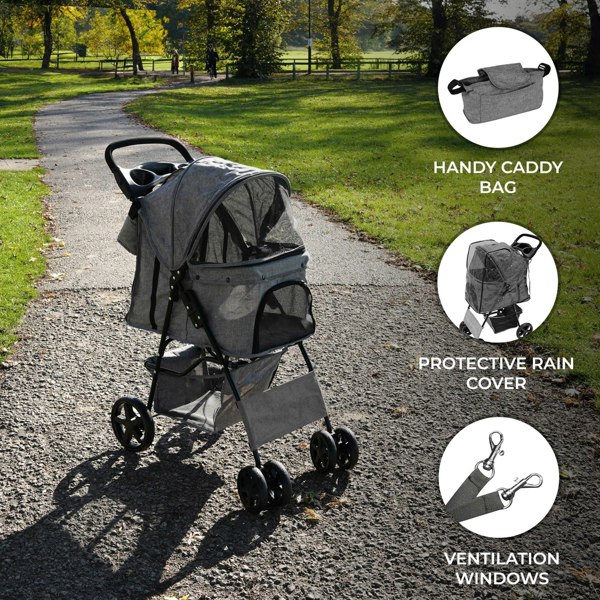 Monstershop Pet Stroller with Rain Cover & Caddy Bag - Woven Grey