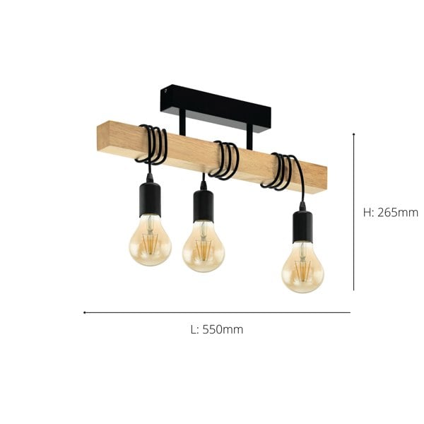 EGLO Townshend Black/Natural Metal And Wood 3-Light Pendant - Industrial Style (D) 55cm