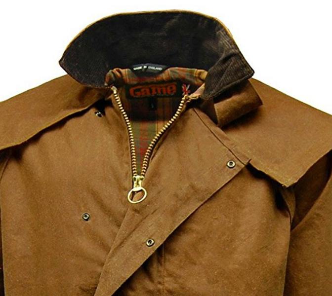 Close up of Classic Wax Stockman cape showing reinforced waterproof layer for extra rain protection