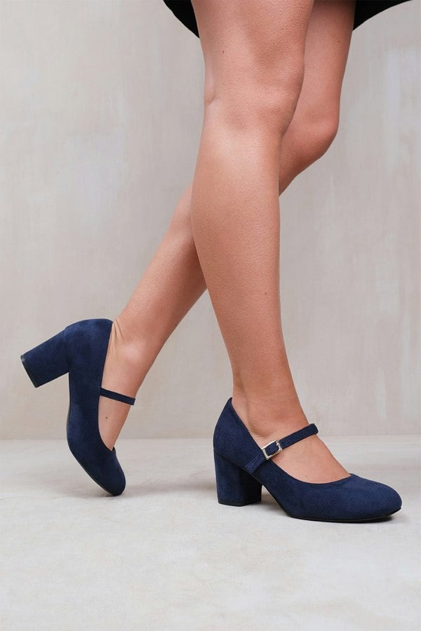 Where's That From Araceli Extra Wide Fit Block Heel Mary Jane Pumps in Navy Suede