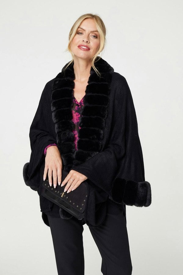 Black | Faux Fur Longline Hanky Hem Poncho
