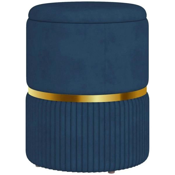 Dark blue storage ottoman with round top, fluted sides, and gold-tone accent band