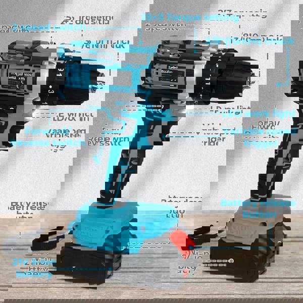 Traderight 2 Battery 21V Cordless Drill Combi Driver Electric Screwdriver Set