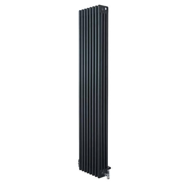 Traditional 4 column radiator in anthracite grey, 1800 x 380mm, featuring vertical lines and polished valves for a sleek look