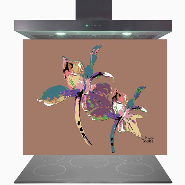 Claire Louise - Designer Flora Pop Mocha Mousse Iris Glass Kitchen Splashback