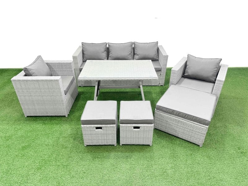 Fimous 8 Pieces Outdoor PE Rattan Sofa Armchair Set Patio Garden Furniture Sets with Cushions 3 Stools Light Grey