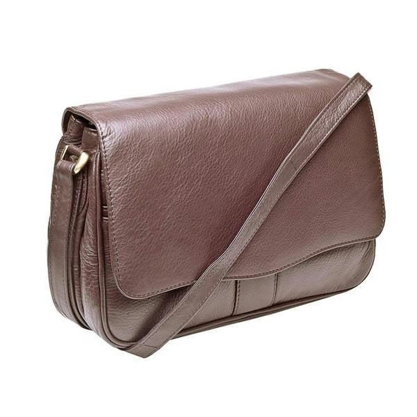 Side view of Victoria brown leather organiser bag showing adjustable shoulder strap