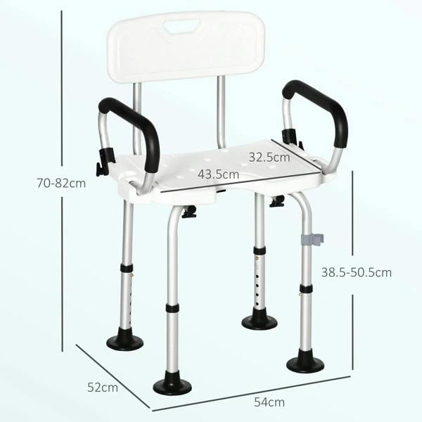 White shower chair with backrest and padded flip-up arms on height-adjustable legs