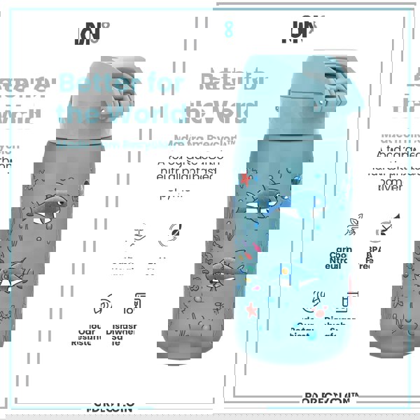 A teal water bottle, featuring cartoon sharks, sits against a white background. It is made from a plant-based polymer and is BPA-free, dishwasher-safe, and odour resistant. The text states it is “Better for the World.”