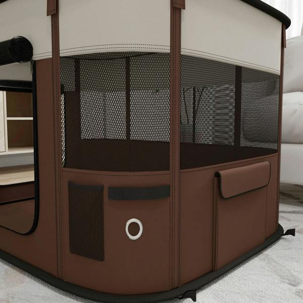 Brown foldable dog playpen corner with mesh panel, zippered door, and ground stake