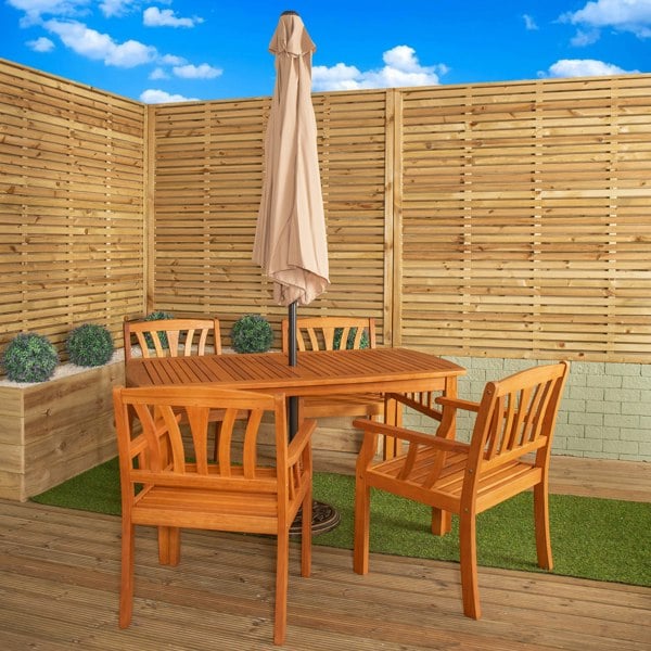 Samuel Alexander Outdoor 4 Person Rectangular Wooden Dining Table Chairs with Beige Havana Parasol & Base Set