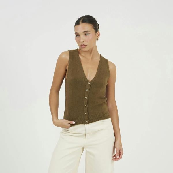 Brave Soul Khaki Mossy Yarn V-Neck Knitted Waistcoat - Khaki Image 1