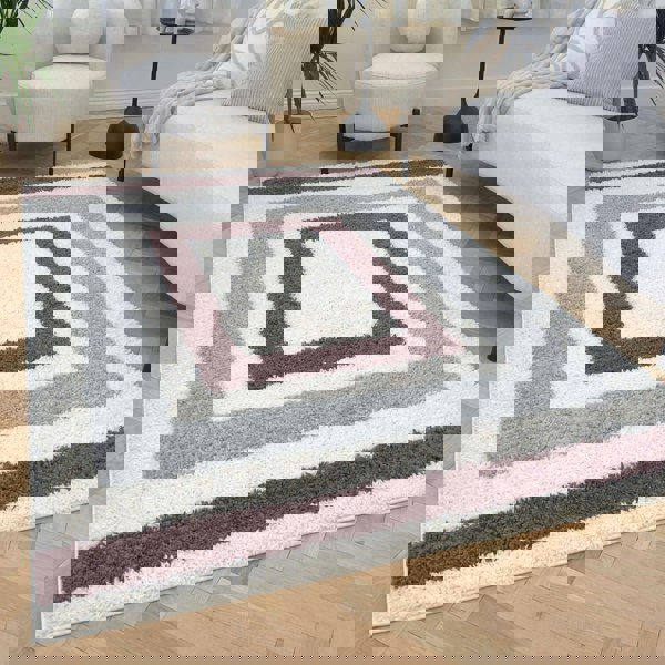 Moodi Shaggy Grey/Purple Rug, classic bordered design, fluffy pile | THE RUGS