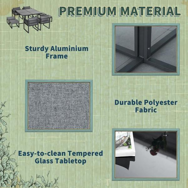 Grey aluminium frame garden set with glass tabletop and upholstered polyester cushions