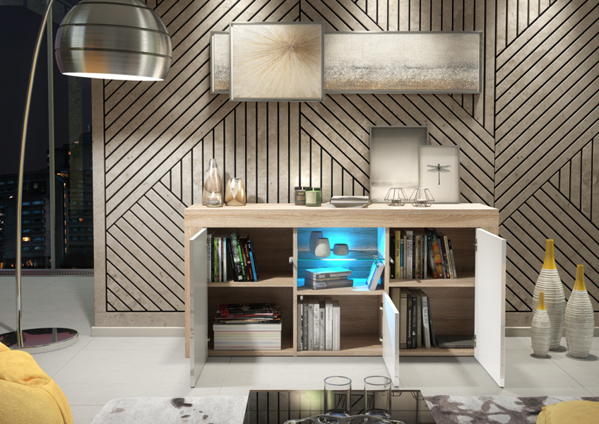 Mex Furniture 145cm Modern TV Unit, Cabinet Stand & , with White Gloss Doors & Free LED