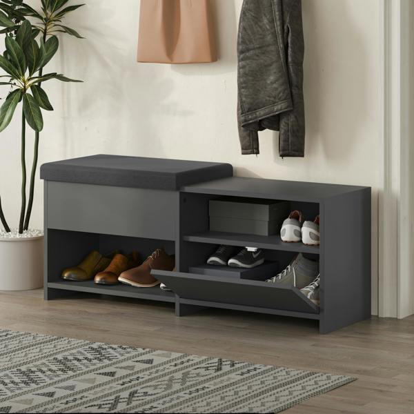 Decortie Modern Filux Shoe Bench Rack Sliding Fabric Seat and 120.3(W) Storage Cabinet 2-Tier Open Shelves Hallway