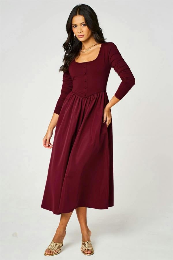 FS Collection Burgundy Square Neck Button-Front Long Sleeve Midi Dress