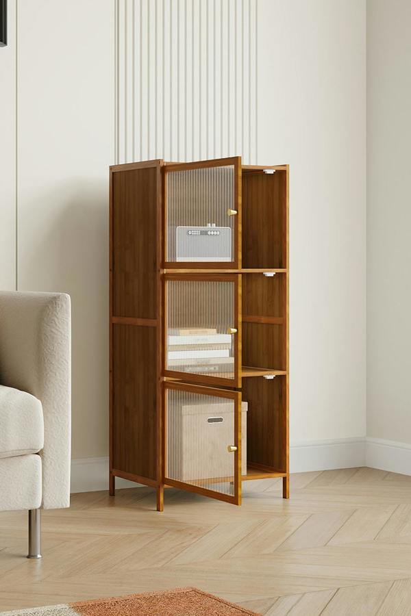 Living and Home Versatile 3-Tier Bamboo Storage Cabinet Bookcase Bookshelf Storage Rack w/ Doors