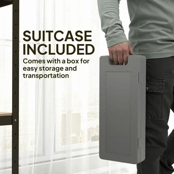 Gray carry case for dumbbell set, handle shown while being held