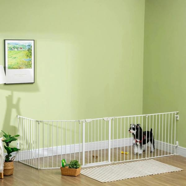 White metal pet playpen enclosure with small dog inside near the gate