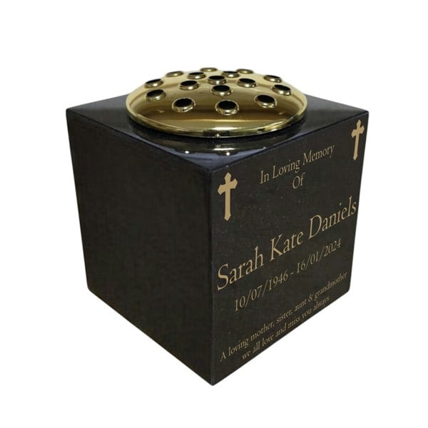Memorials Direct Granite Memorial Vase- Solid Granite – Free Personalised Gold Engraving , Cross – Includes Metal Flower Pot Insert