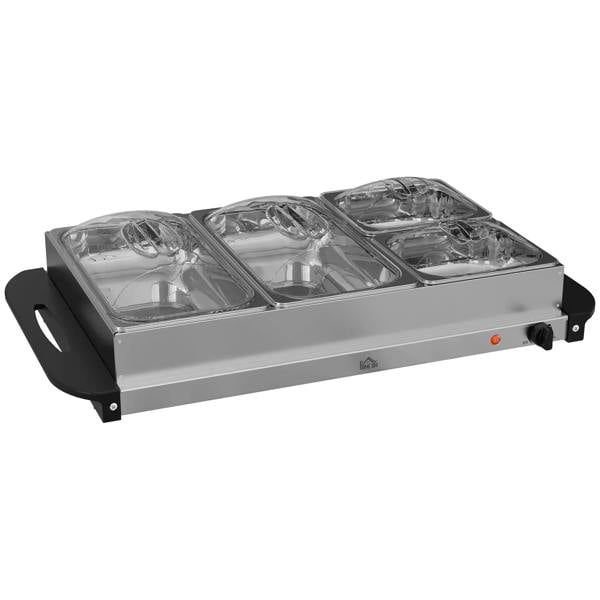 Silver 4-tray electric food warmer with clear inset warming pans and cool-touch handles