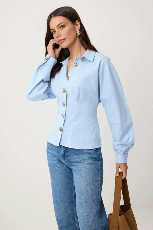 WOVCOR Gold Hardware Detail Cotton Fitted Batwing Sleeve Shirt