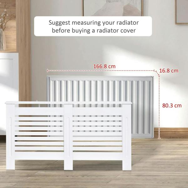 White radiator cover cabinet with horizontal slat panels, shown with size guide.