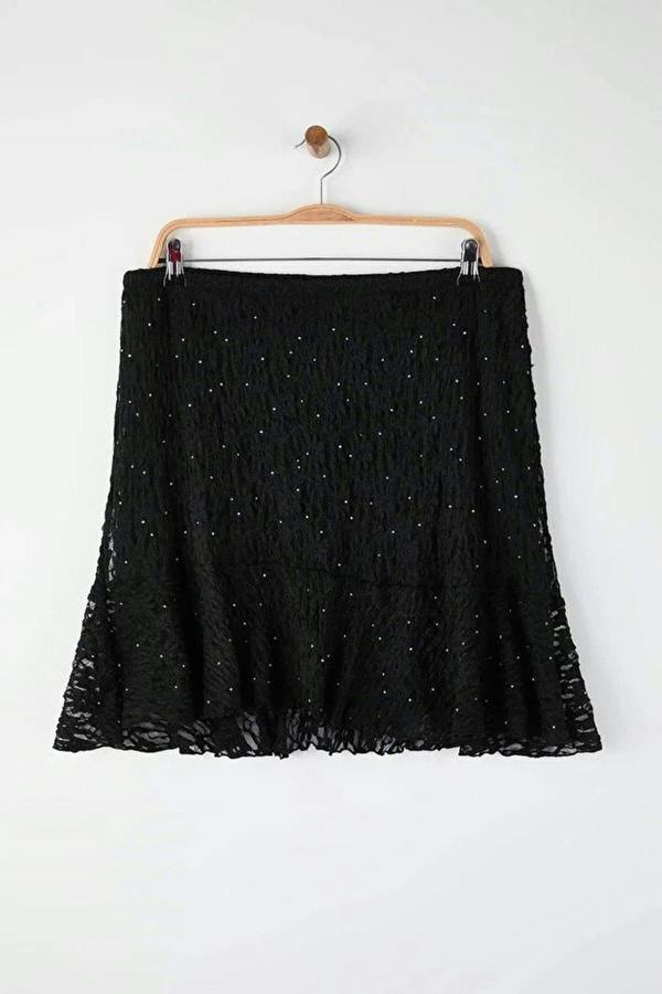 WOVCOR Plus Size Skirt with Ruffled Hem and Knitted Lace