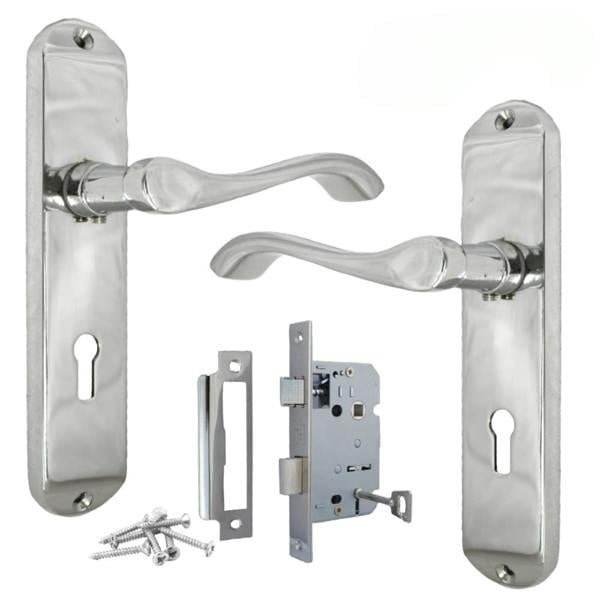 EDH Door Hardware Cadenza Victorian Scroll Door Handles Polished Chrome – Lever Latch, Bathroom Lock & 3 Lever Lock Sets - Lock Handle and 3 Lever Sash Lock