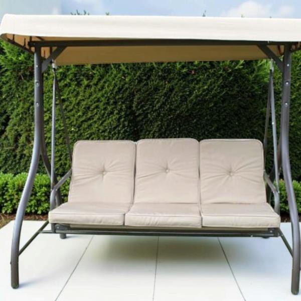 Heavy Duty Garden 3 Seater Swing Seat and Hammock Bed with Canopy, Steel Frame and Textaline Base, Thick Shower Proof Cushions