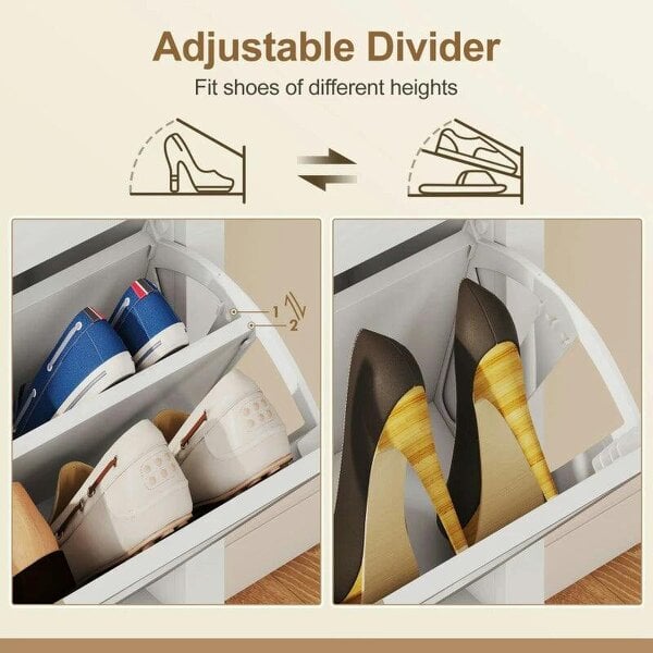 Bobobiy Narrow Shoe Cabinet, Boho Slim Shoe Storage Cabinet with 2 Flip Drawers, Holds 14 Pairs, White