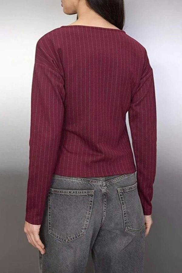 WOVCOR Striped Long Sleeve Boat Neck Knit Blouse with Tie Detail