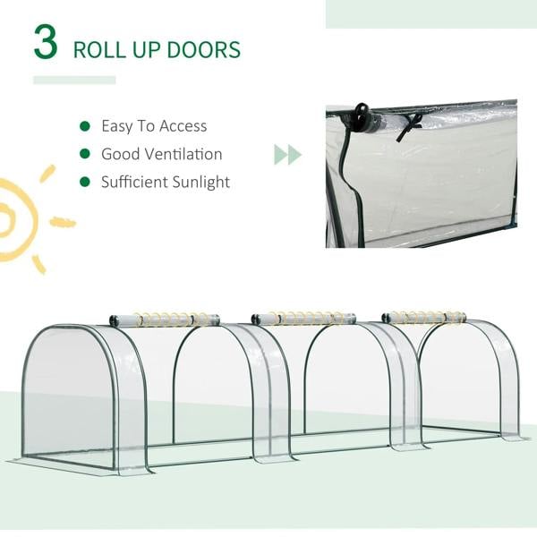Clear mini greenhouse polytunnel with steel frame and roll-up doors along the front