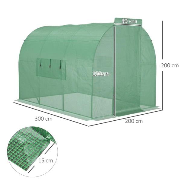 Green walk-in greenhouse frame with see-through mesh, hinged door, and labeled dimensions