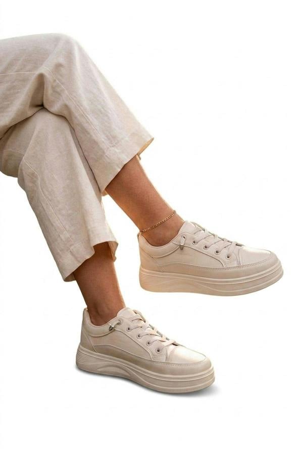 Constance Chunky Sole Lace Up Trainers - Beige_wb