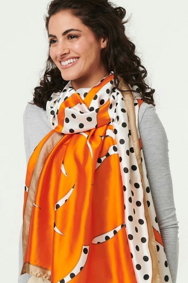 Orange | Polka Dot Border Print Shawl Scarf
