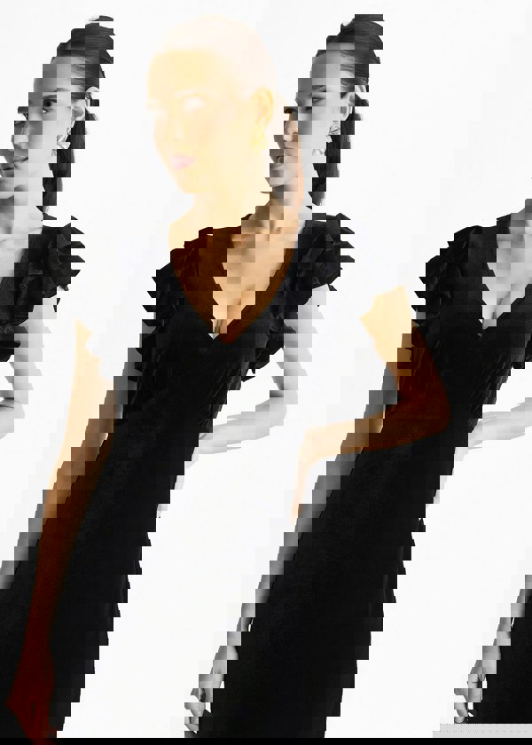 Gini London Black V Neck Ruffle Sleeves Velvet Occasion Maxi Dress