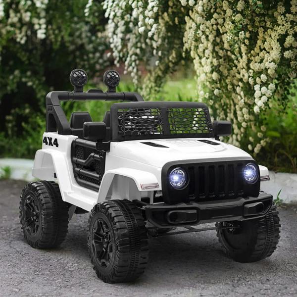 White ride-on SUV truck with front LED-style lights, black grille, and 4x4 badge
