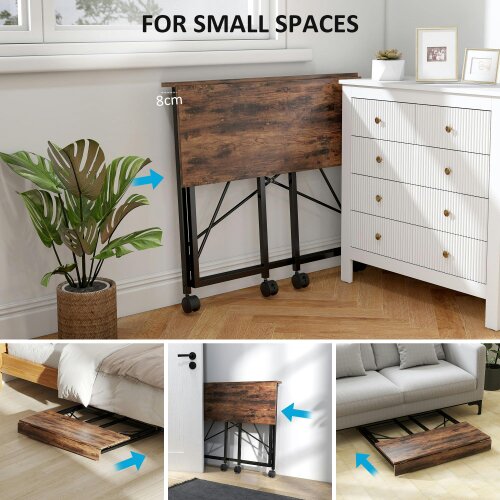 Wyld Haus Maco 80cm Wooden Rustic Brown Folding Desk On Lockable Wheels